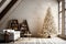 luxurious bright living room decorated with Christmas decor in loft or hygge style