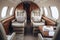 Luxurious cabin inside a private jet with plush seating.