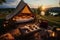 Luxurious camping, glamping, a tent in a clearing on the river bank. Tourism and summer vacation with tents concept.