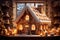 Luxurious Christmas gingerbread house on christmas kitchen background. Christmas baking, sweets. Hand decorated.Cozy home