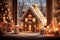 Luxurious Christmas gingerbread house on christmas kitchen background. Christmas baking, sweets. Hand decorated.Cozy home