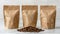 Luxurious coffee brand paper bag mockup with brown packaging, label, and dark coffee beans