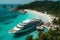 Luxurious cruise ship navigating through idyllic south seascape with paradise islands