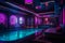 Luxurious cyberpunk-style hotel spa with a futuristic indoor pool area