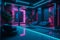 Luxurious cyberpunk-style hotel spa with oriental-inspired furniture in optimistic bright neon colors