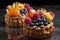 Luxurious designer pastries with berries in chocolate. Professional confectionery with strawberries, blackberries, tangerines