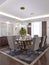 Luxurious dining room with a large table and soft chairs in a classic apartment