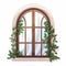 Luxurious Drapery Wooden Window Frame With Green Vines