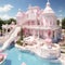 luxurious dream Pink house mansion with a beautiful pool Generative AI
