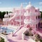 luxurious dream Pink house mansion with a beautiful pool Generative AI