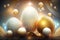 Luxurious Easter background in white, blue, golden and dark tones, soft light, generative ai