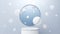 Luxurious elegant white podium display translucent frosted glass backdrop and spherical bubbles scattered. wall blue.