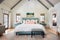 luxurious farmhouse bedroom, metal roof, plush bedding