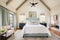 luxurious farmhouse bedroom, metal roof, plush bedding