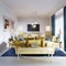 Luxurious fashionable living room with yellow upholstered furniture and blue carpet and decor, white walls