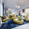 Luxurious fashionable living room with yellow upholstered furniture and blue carpet and decor, white walls