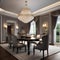 A luxurious formal dining room with a grand chandelier and upholstered chairs2