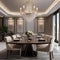 A luxurious formal dining room with a long wooden table and crystal chandelier2