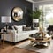 Luxurious furnished Living room, spacious cozy sofa, black and white monochrome palette, elegant interior design