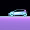 Luxurious Futuristic Electric Compact City Car Rides on Neon Road in the Dark with Copy Space.