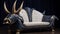 Luxurious Futuristic Rhinoceros-inspired Sofa With Navy, Gold, And White Colors