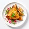 Luxurious Geometry: A Delicious Samosa Dish With Roasted Bass Steak And Radish