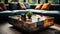 Luxurious Glass Coffee Table With Vibrant Color Blocks And Naturalistic Settings
