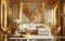 Luxurious gold vintage interior with an aristocratic baroque sofa. Gold moldings and columns