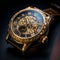 Luxurious golden watch on a dark background. 3d render. Concept of a modern golden wristwatch with a gorgeous design.