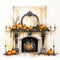 Luxurious Gothic Watercolor Illustration Of Halloween Fireplace