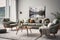 Luxurious green living room interior design, stylish and cosy modern contemporary livingroom. generative ai