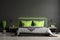 Luxurious grey bedroom with lime green accents Generative AI.