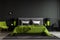 Luxurious grey bedroom with lime green accents. Generative AI.