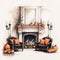 Luxurious Halloween Fireplace Sketch With Pumpkins And Chairs