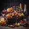 A luxurious hamper basket overflowing with exotic fruits, fine chocolates