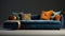 Luxurious Handcrafted Sofa With Dark Azure And Dark Amber Accents