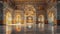 Luxurious indian palace interior with peacock throne, intricate marble inlays, ornate chandeliers