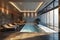 luxurious indoor pool area with a sleek design, featuring a swimming pool, lounge chairs, and a view outside through