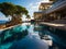 Luxurious infinity pool at a tropical resort, capturing the seamless blend of the pool\\\'s edge with the ocean horizon.