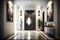 Luxurious interior design of spacious hallway with paintings