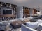 luxurious interior of the living room studio in contemporary design with kitchen and dining room. Evening light in the interior w