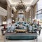 Luxurious large living room with high ceilings and large windows in a modern design with fashionable mars green color upholstered