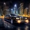 Luxurious Limousine Cruising Through a Vibrant Cityscape at Night