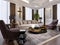 Luxurious living room in modern style with sofa, armchair, designer furniture, TV stand, large decorative candlestick, round