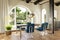 luxurious loft apartment with arched window and landscape view noble dining room interior design mock up 3D Illustration