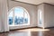 luxurious loft apartment with arched window and landscape view noble dining room interior design mock up 3D Illustration