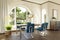 luxurious loft apartment with arched window and landscape view noble dining room interior design mock up 3D Illustration