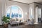 luxurious loft apartment with arched window and panoramic view over urban downtown noble interior living room design mock up 3D