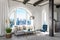 luxurious loft apartment with arched window and panoramic view over urban downtown noble interior living room design mock up 3D