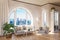 luxurious loft apartment with arched window and panoramic view over urban downtown noble interior living room design mock up 3D